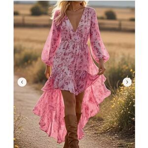 Boho Pink Floral High-Low Maxi Dress (M) – Offers Welcome!
